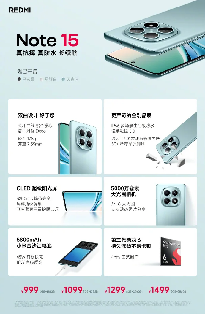 REDMI Note 15系列發(fā)布:999元起,Pro+版首搭衛(wèi)星通訊功能